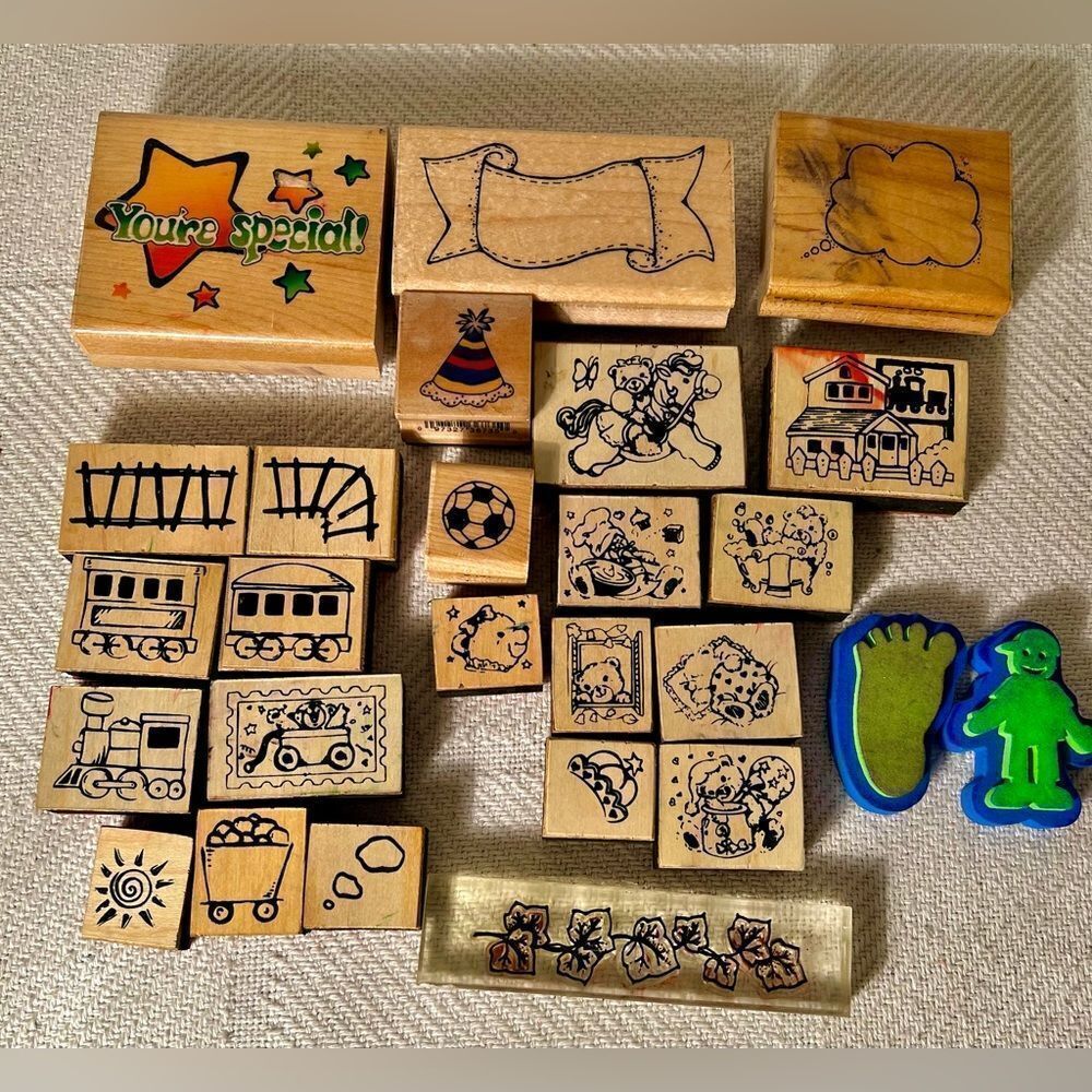 Vintage 26 Piece LOT of WOOD MOUNT RUBBER STAMPS Mixed New And Used Trains/Bears